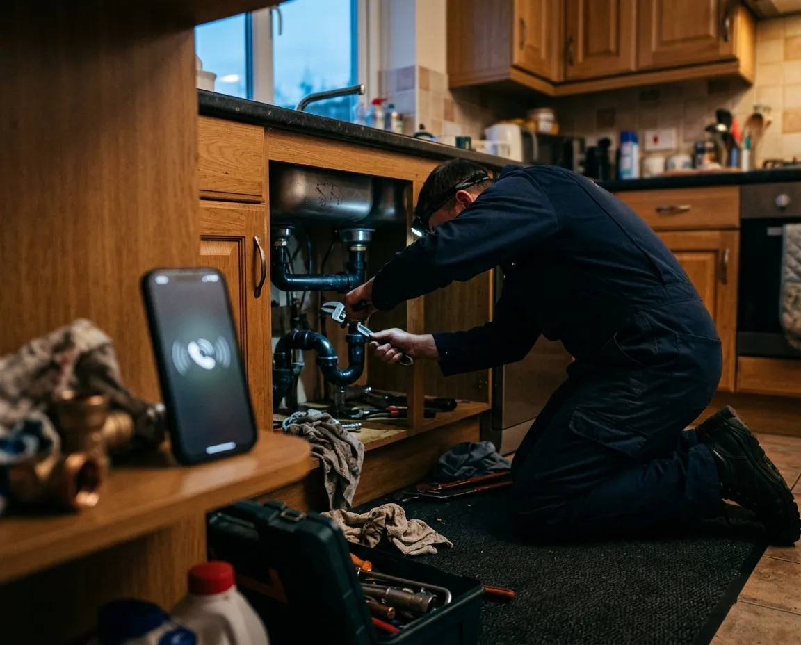 Plombier en intervention, mains occupées, téléphone qui sonne hors d'atteinte