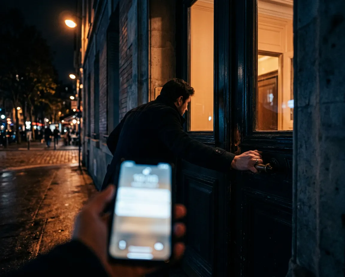 Porte d'immeuble la nuit, personne enfermée dehors, téléphone qui s'allume