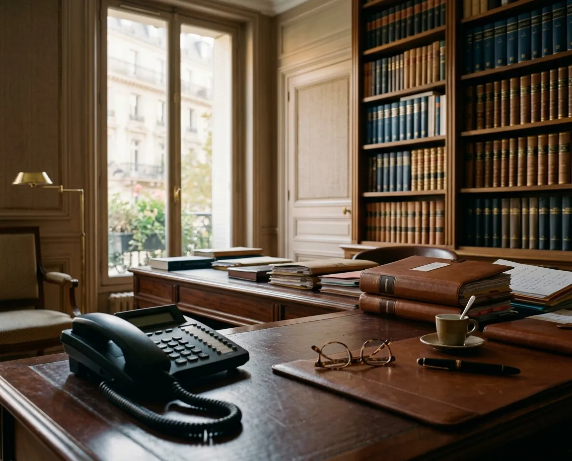 Bureau de cabinet juridique avec dossiers et téléphone