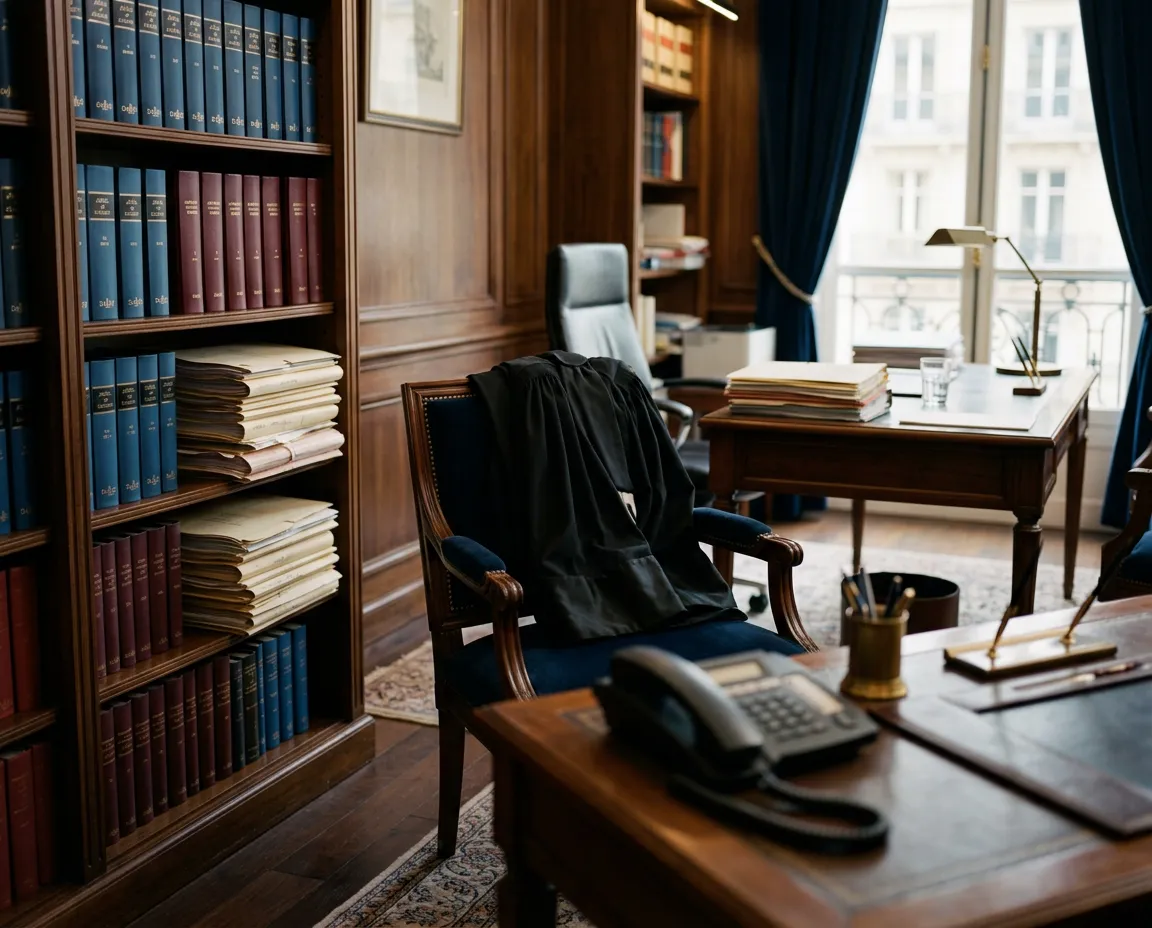 Bureau d'avocat avec robe, codes juridiques et téléphone