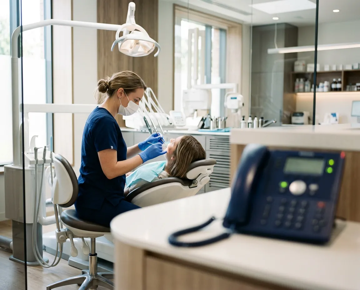 Chirurgien-dentiste concentré sur un soin au fauteuil pendant que le téléphone sonne