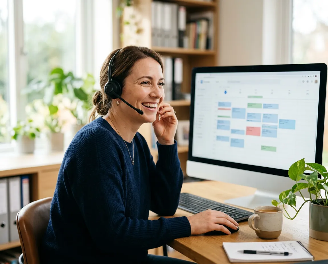Télésecrétaire médicale avec casque-micro gérant un agenda à distance