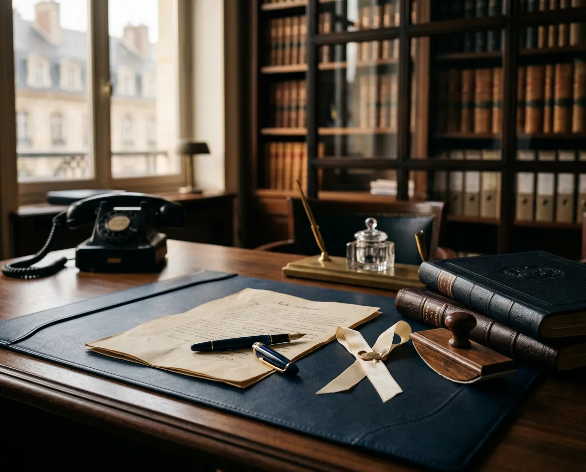 Bureau d'étude notariale avec acte, stylo plume et téléphone