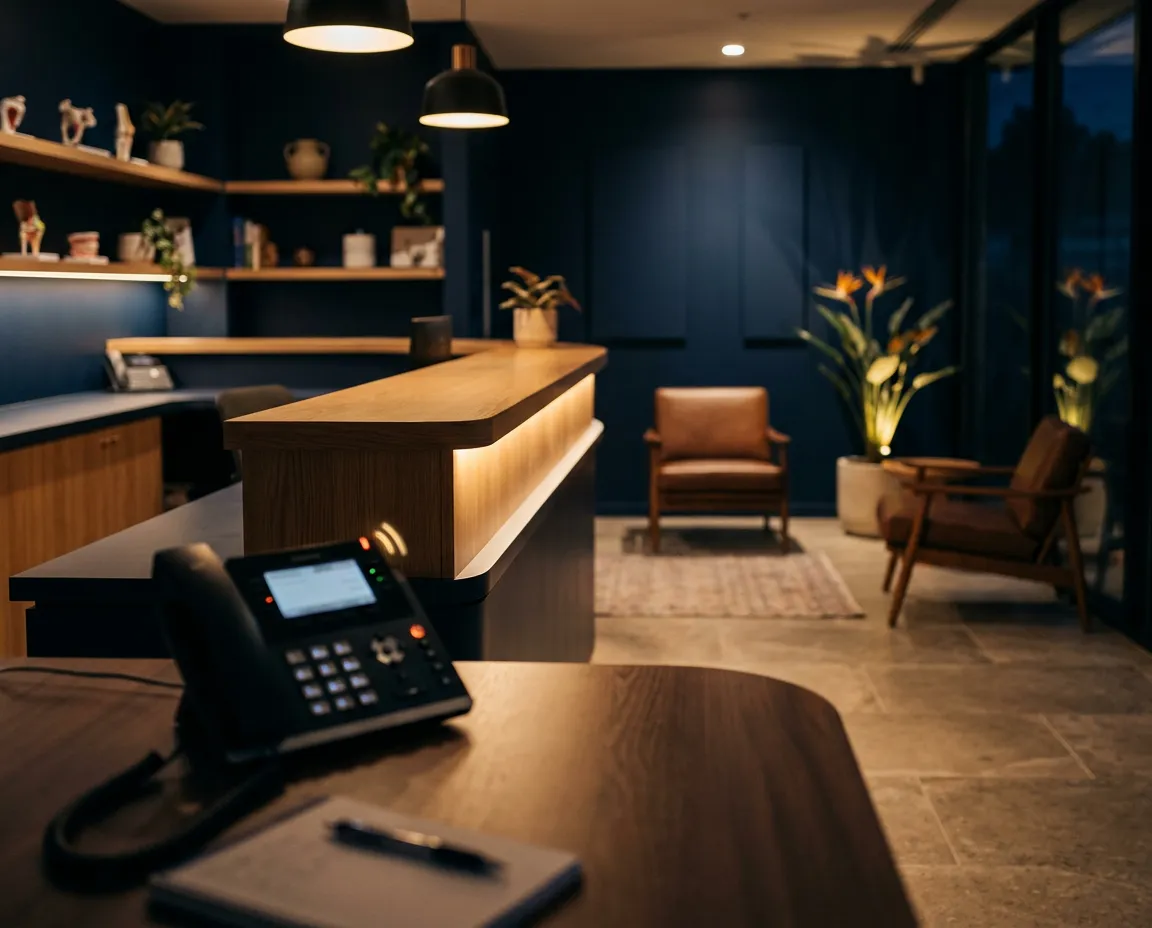 Accueil d'une clinique vétérinaire en soirée, téléphone qui sonne